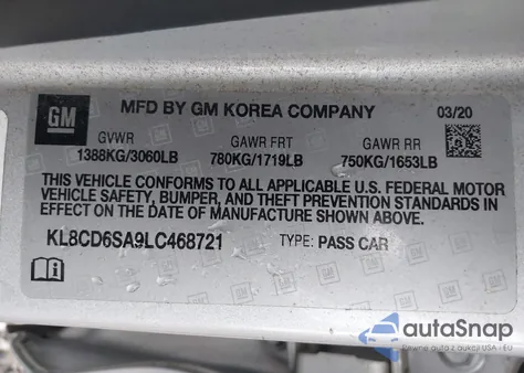 2020 Chevrolet Spark Fwd 1Lt Automatic из США, поврежденный, VIN KL8CD6SA9LC468721